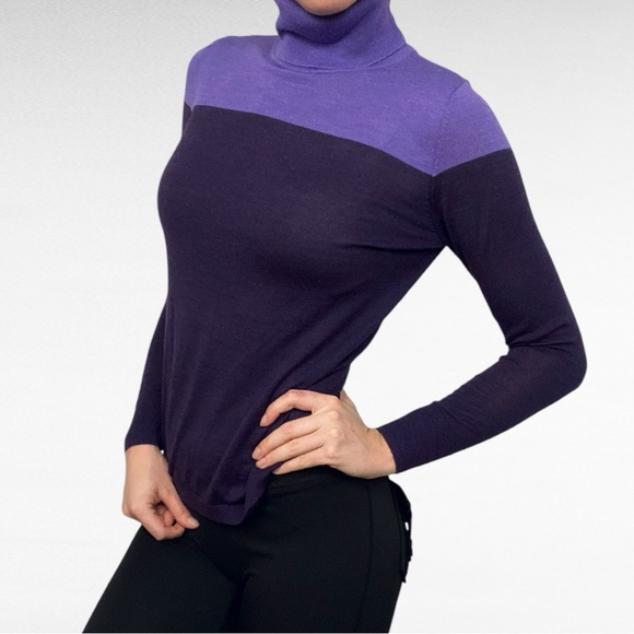 Talbots | Petites Pure Merino Wool Purple Contrast Preppy Turtleneck Sweater - Picture 2 of 6